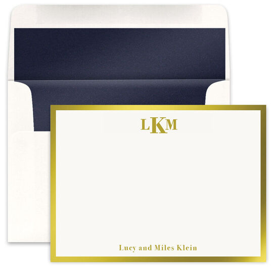 Metallic Border Monogram with Name Flat Note Cards - Raised Ink